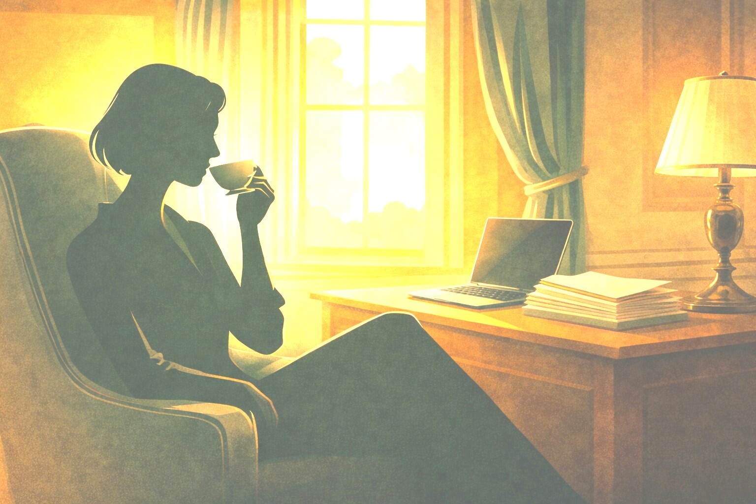 An elegant drawing room scene — the office of a senior policy advisor