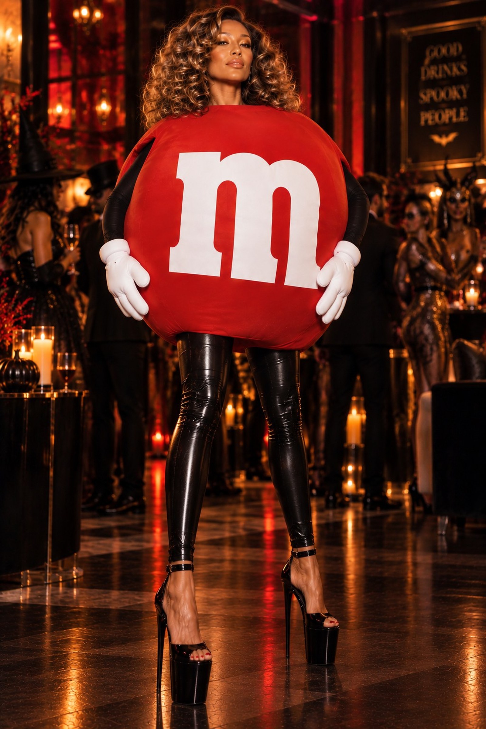 Angela Lindow at a Halloween party in a red M and M costume,
                black leggings and platform heels, candlelight behind her.