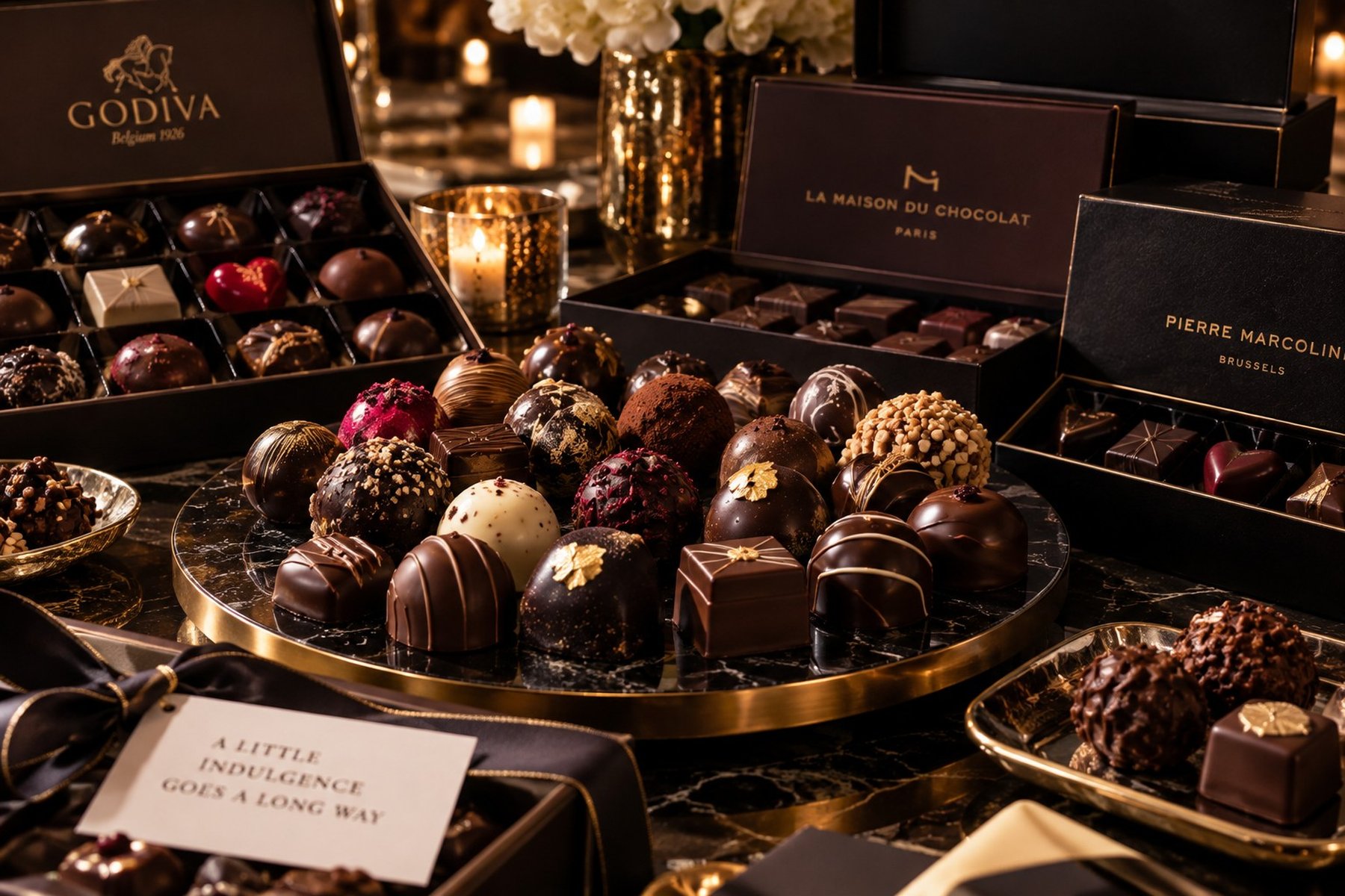Open boxes of Godiva, La Maison du Chocolat and Pierre Marcolini chocolates on a gold tray.
