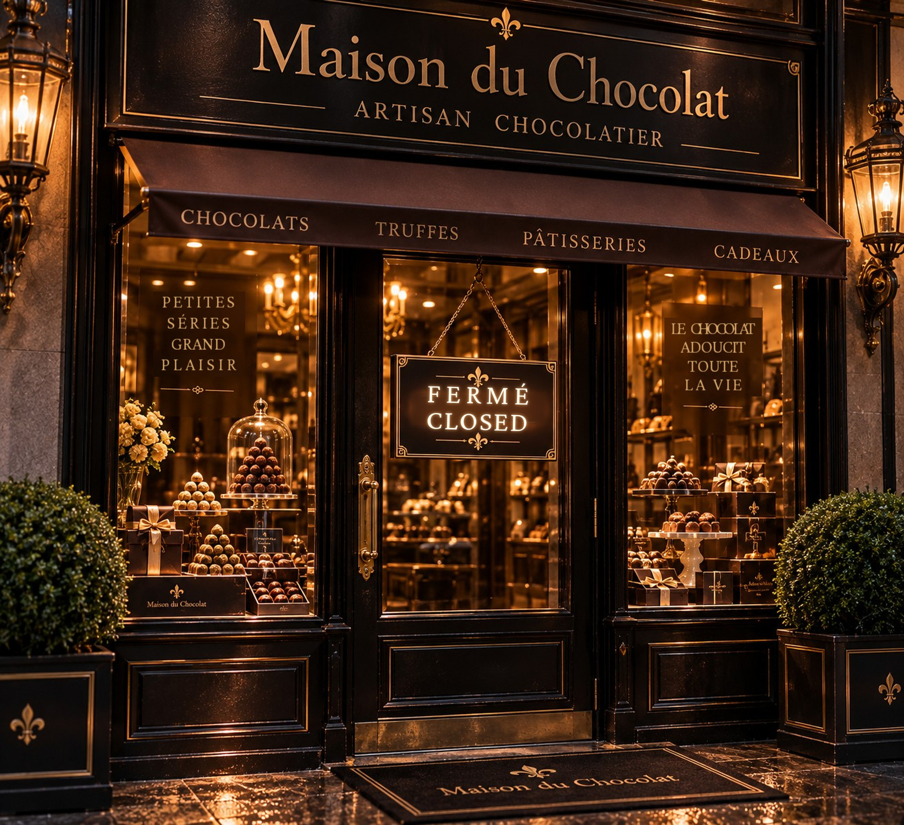 The shopfront of a chocolatier at night, warmly lit, with a CLOSED sign hanging in the door.