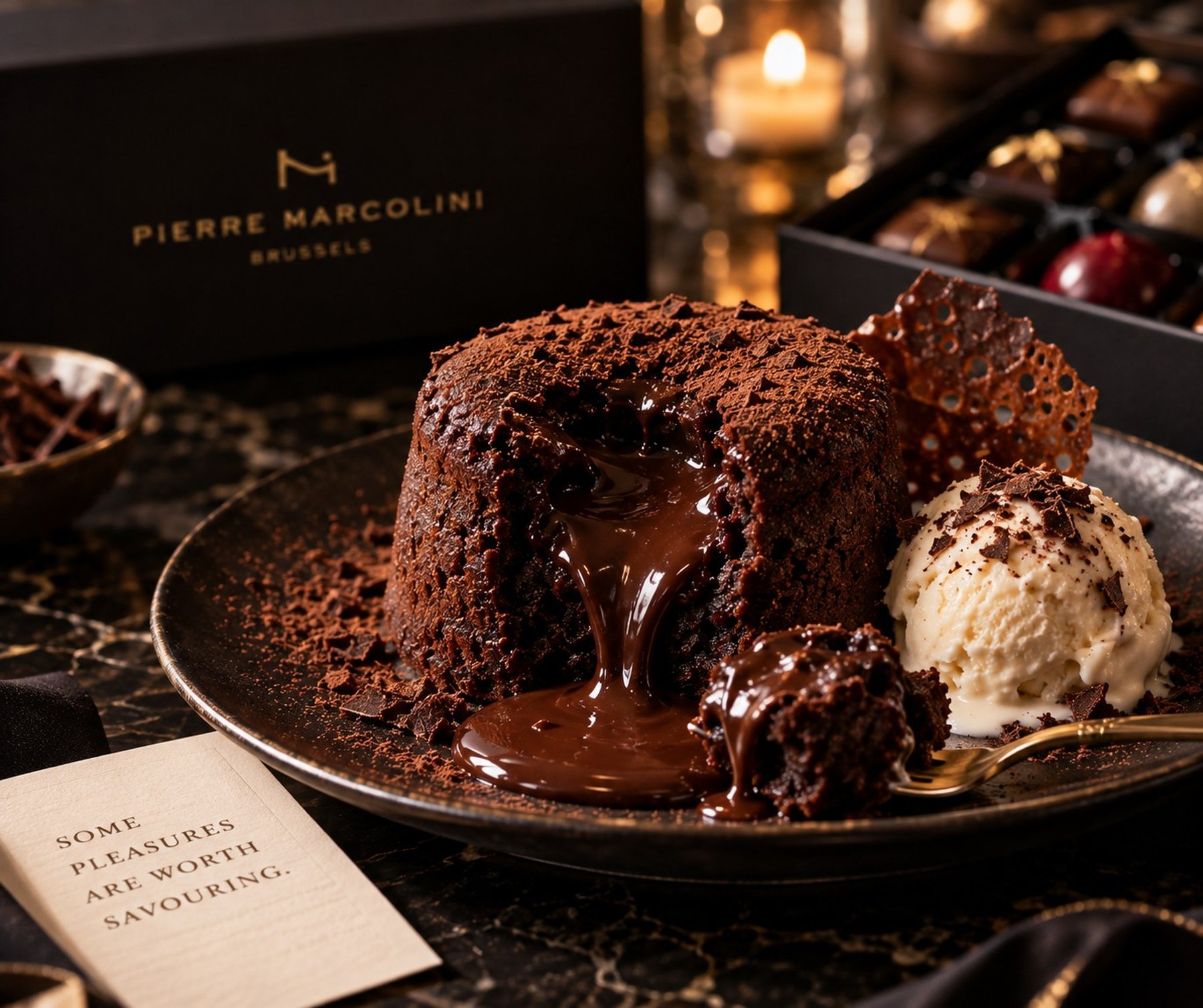 A molten chocolate cake cut open, sauce running onto the plate, beside vanilla ice cream.