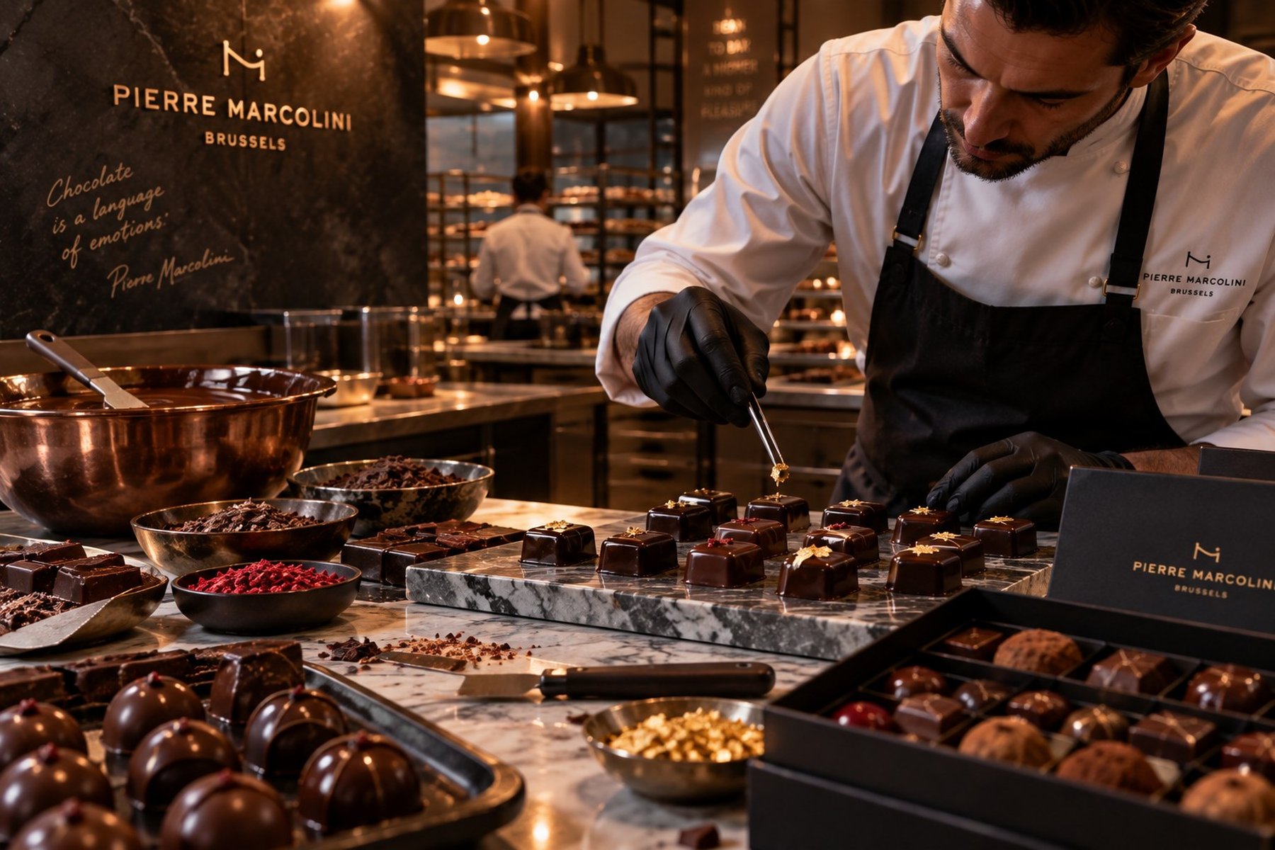 A chocolatier placing gold leaf onto finished chocolates with tweezers.